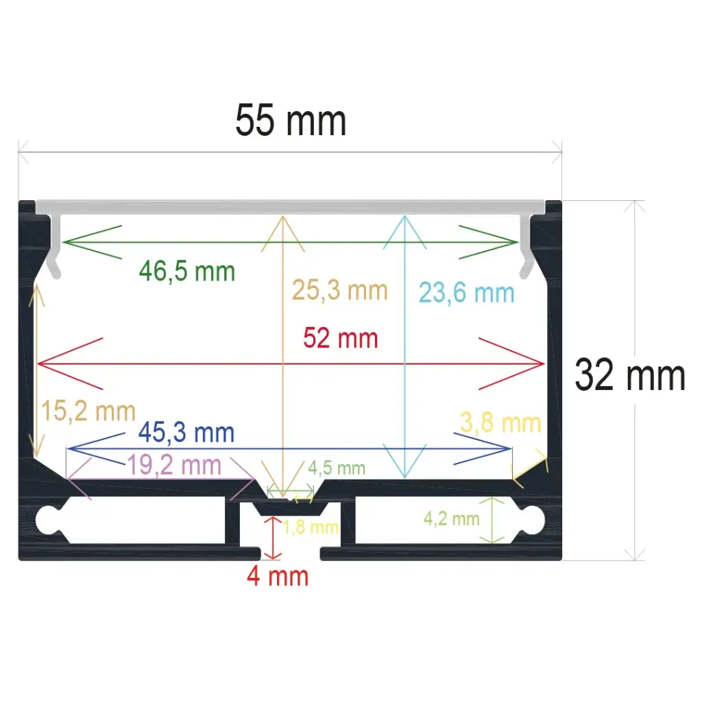 Perfil LED de superficie con opción colgante de 55 mm x 32 mm