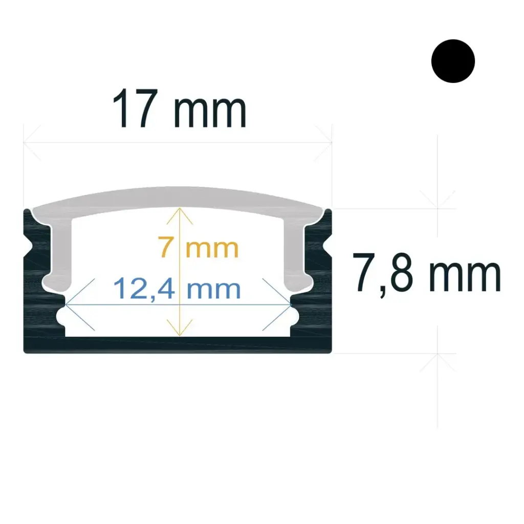 Perfil LED de superficie de 17 mm x 7,8 mm lacado en negro