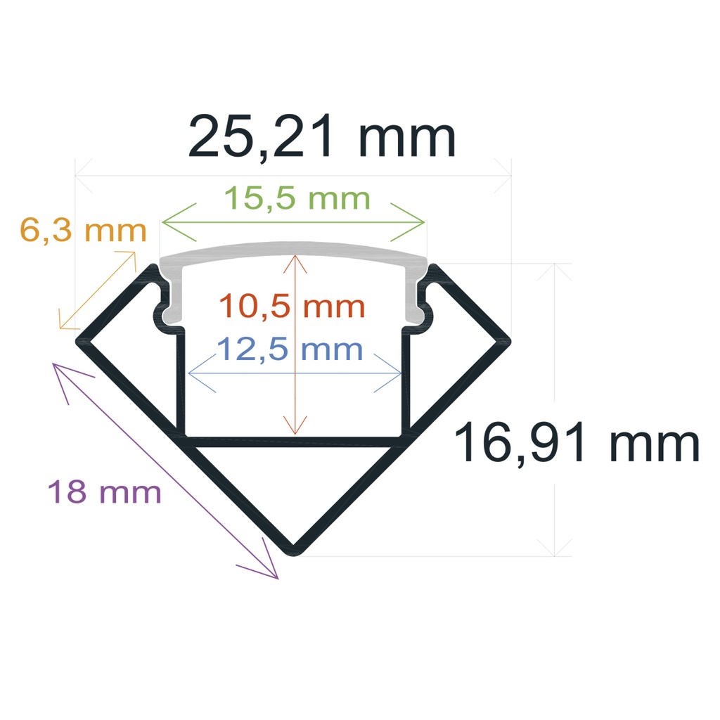 Verstärktes LED-Eckprofil mit 25,21 mm x 16,91 mm Blenden