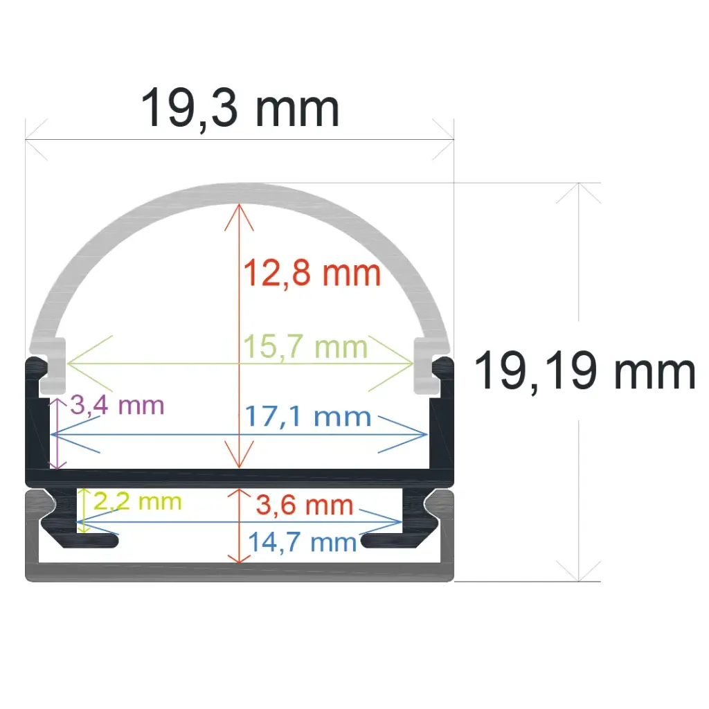 Perfil LED de superficie con opción colgante y difusor curvo de 19,3 mm x 19,19 mm