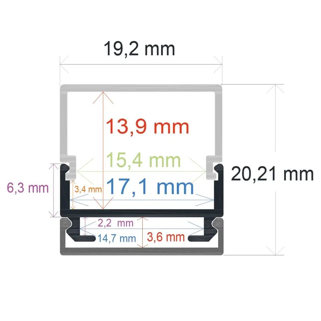 Perfil LED de superficie con opción colgante y difusor en ángulo recto de 19,2 mm x 20,21 mm