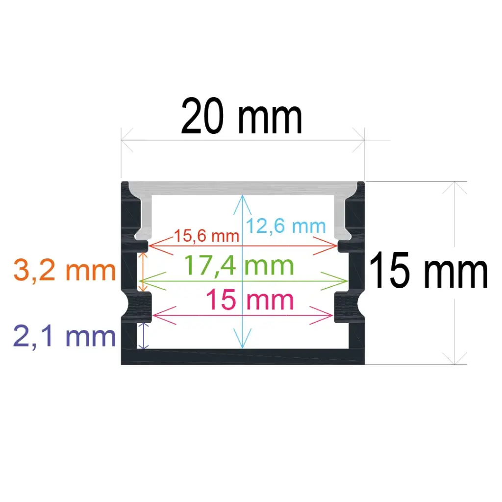 Perfil LED de superficie de 20 mm x 15 mm