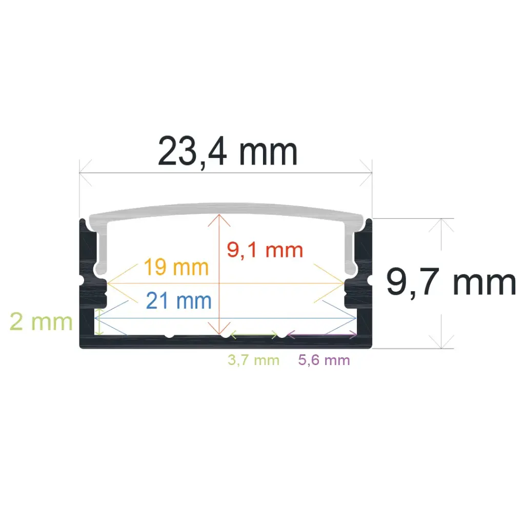 Perfil LED de superficie de 23,4 mm x 9,7 mm