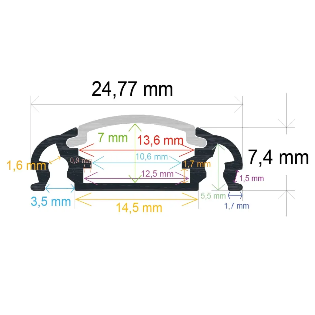 Perfil LED de superficie de 24,77 x 7,4 mm