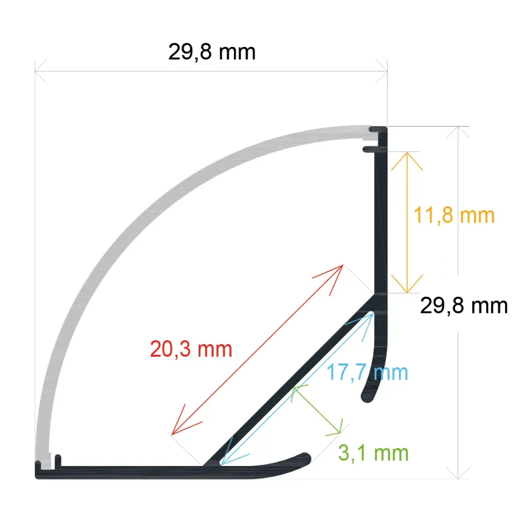 Hanging LED profile with curved diffuser, 29.8 mm x 29.8 mm