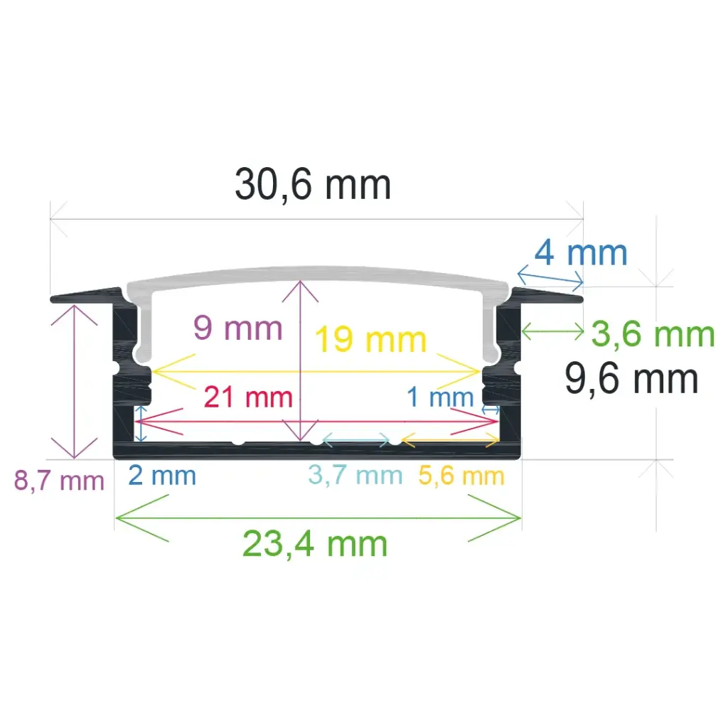 Perfil LED empotrable de 30,6 mm x 9,6 mm