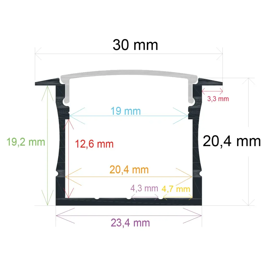 Perfil LED para empotrar de 30 mm x 20,4 mm
