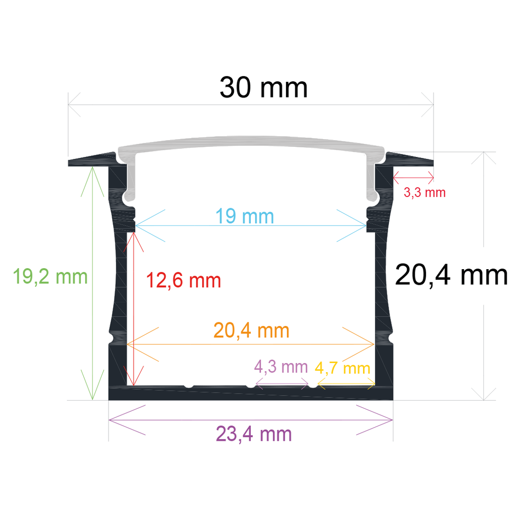 Perfil LED para empotrar de 30 x 20,4 mm