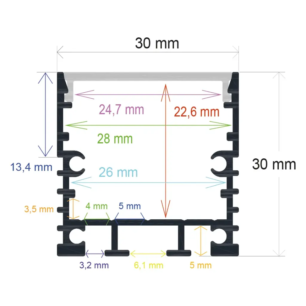 Surface-mounted LED profile with hanging option, 30 mm x 30 mm