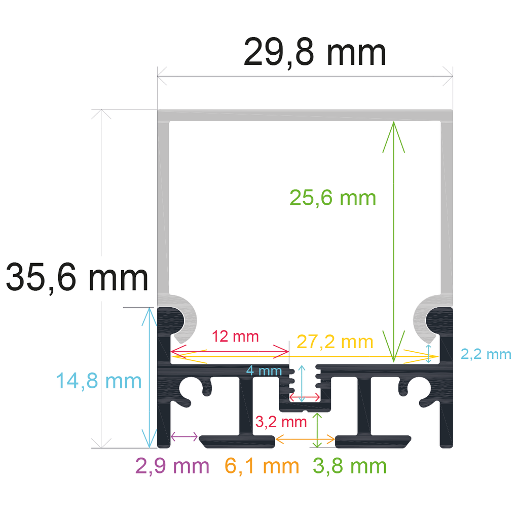 Oberflächenmontiertes LED-Profil mit Hängevorrichtung, 29,8 mm x 35,6 mm