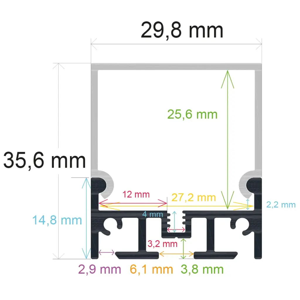 Perfil LED de superficie con opción colgante de 29,8 mm x 35,6 mm