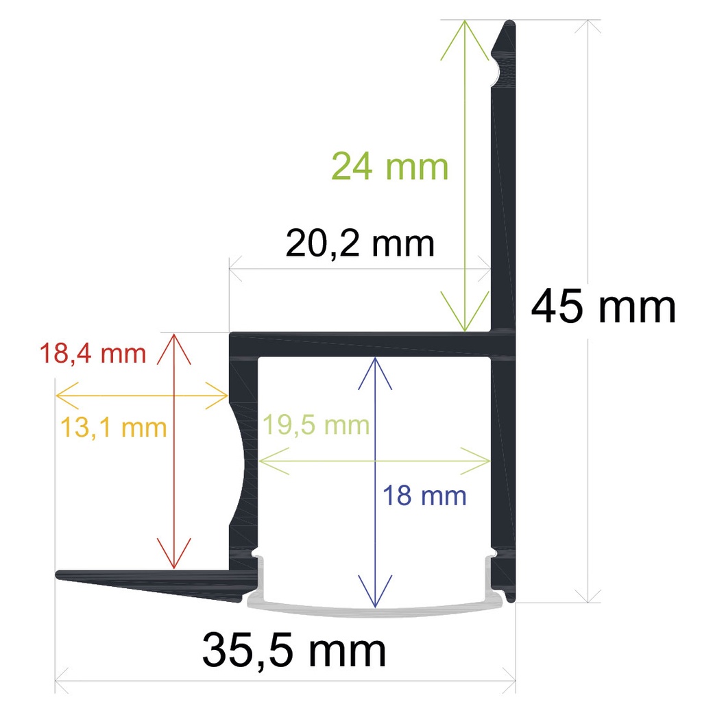 Perfil LED para empotrar en una obra de 35,5 x 45 mm
