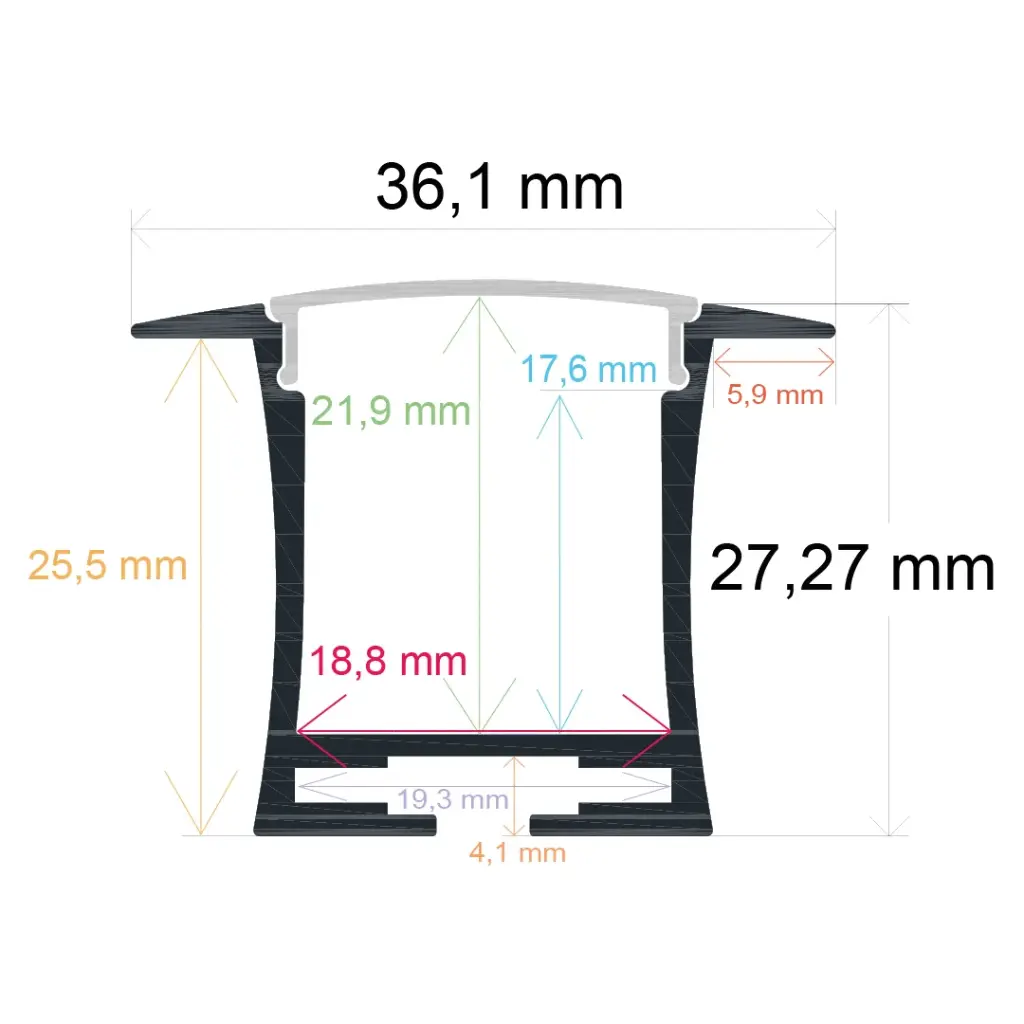 Perfil LED para empotrar en el techo de 36,1 mm x 27,27 mm