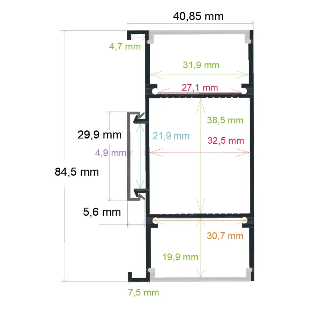 Wall-mounted LED profile with bidirectional lighting (40.85 mm x 84.5 mm)