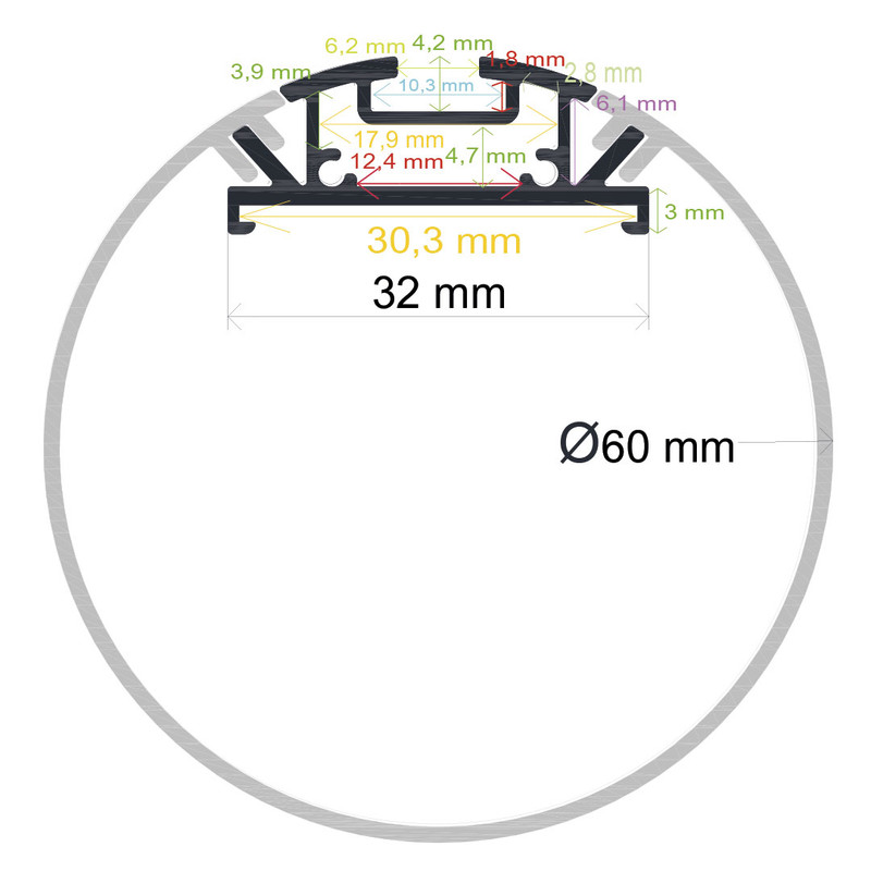 Perfil LED cilíndrico de ø 60 mm