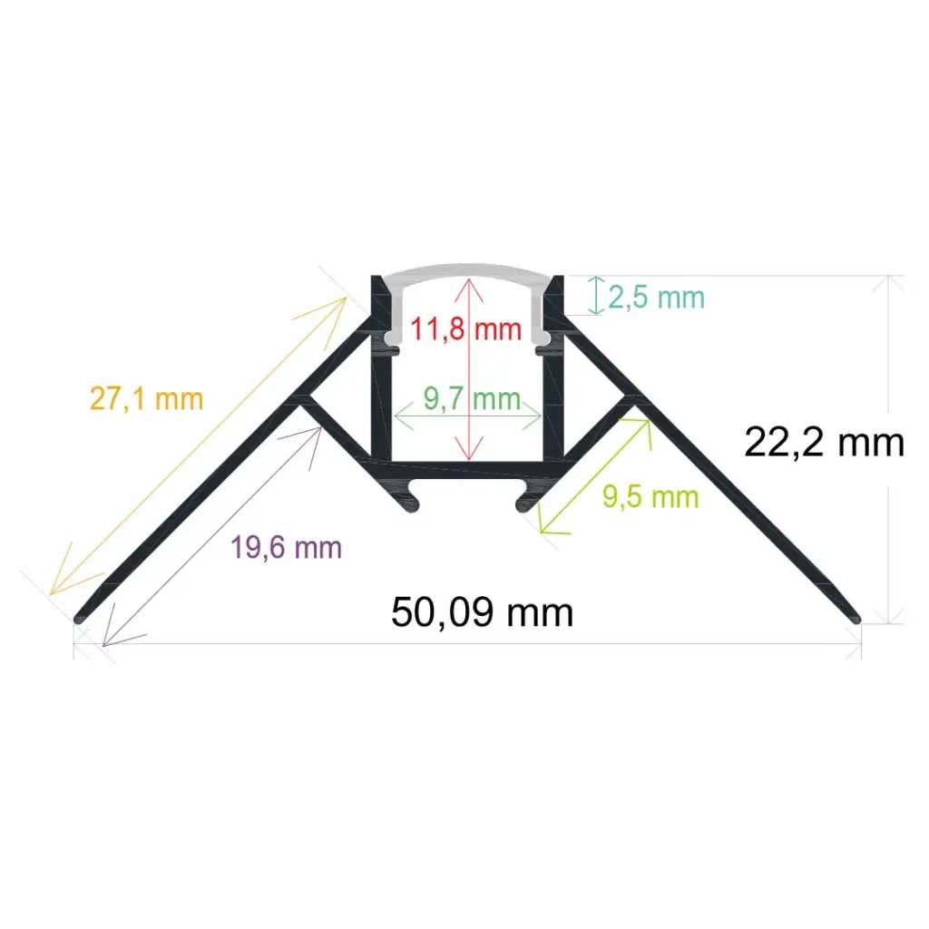Perfil LED para empotrar en una esquina de 50,09 mm x 22,2 mm