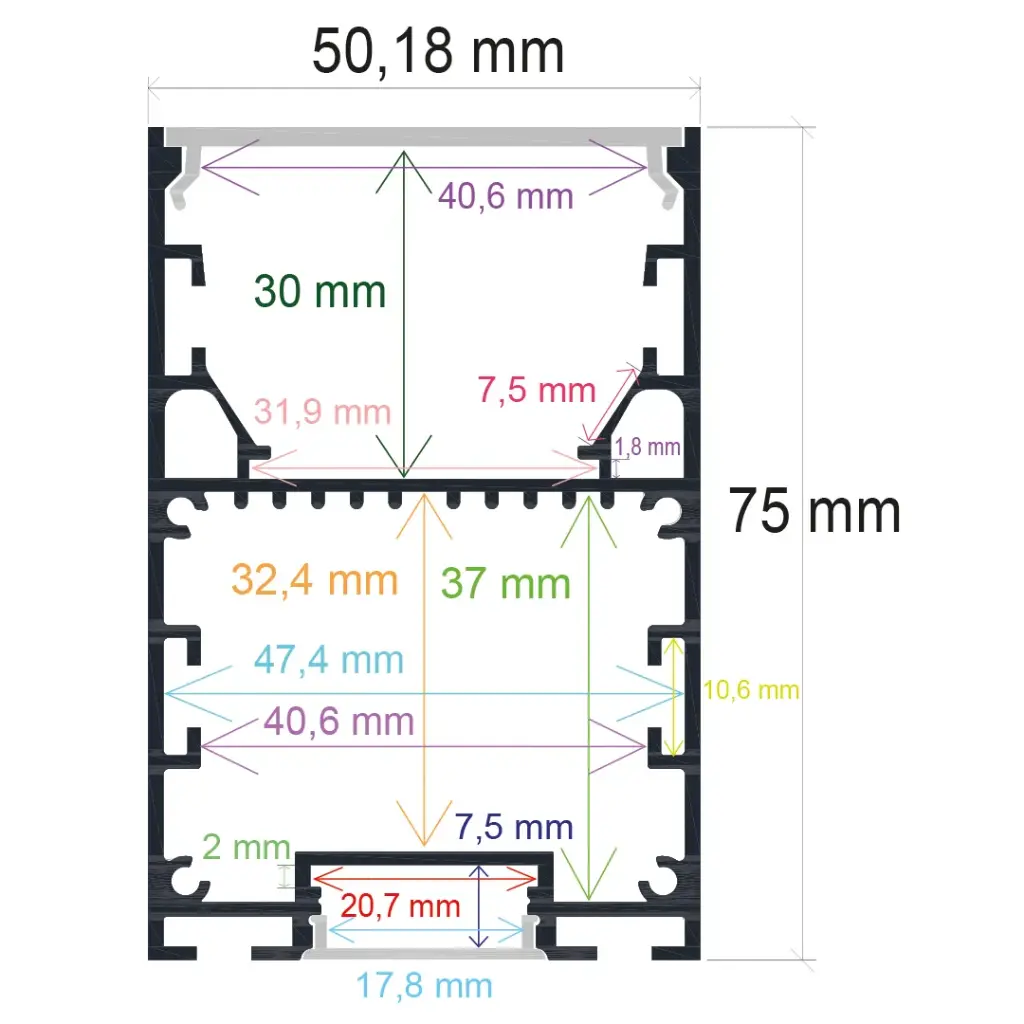 Hanging LED profile with bidirectional lighting, 50.18 mm x 75 mm