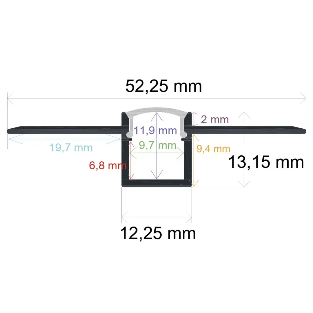Perfil LED para empotrar en una obra de 52,25 mm x 13,15 mm