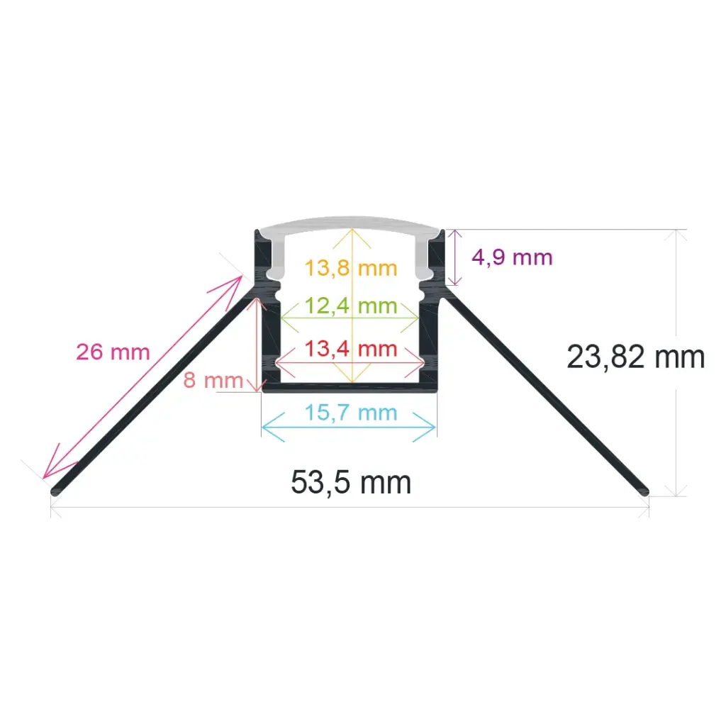 Perfil LED para empotrar en una esquina de 53,5 mm x 23,82 mm
