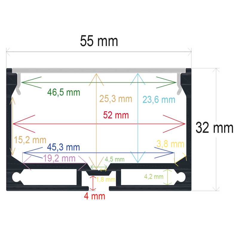 Perfil LED de superficie con opción colgante de 55 mm x 32 mm
