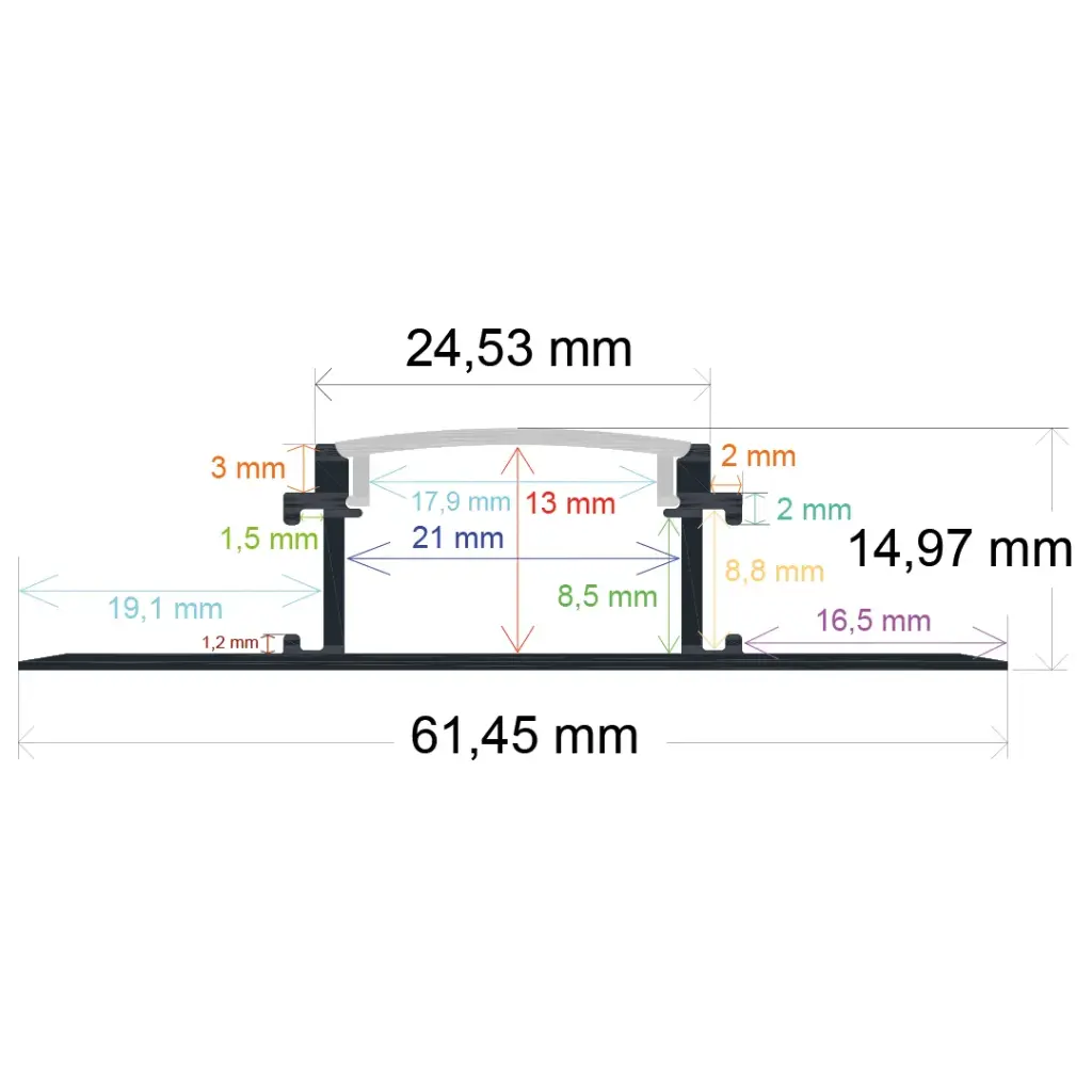 Perfil LED para empotrar en una obra de 61,45 mm x 14,97 mm