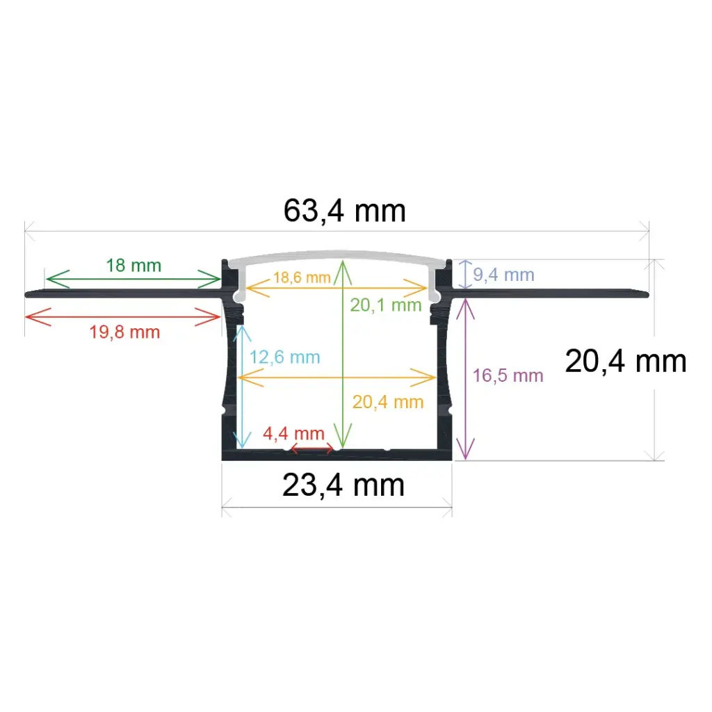 Perfil LED para empotrar en una obra de 63,4 mm x 20,4 mm