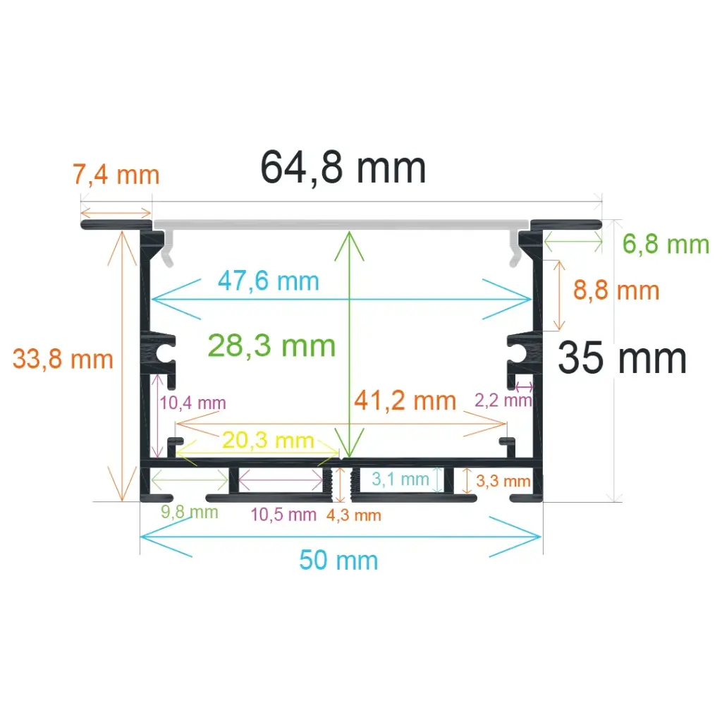 Perfil LED empotrable de 64,8 mm x 35 mm