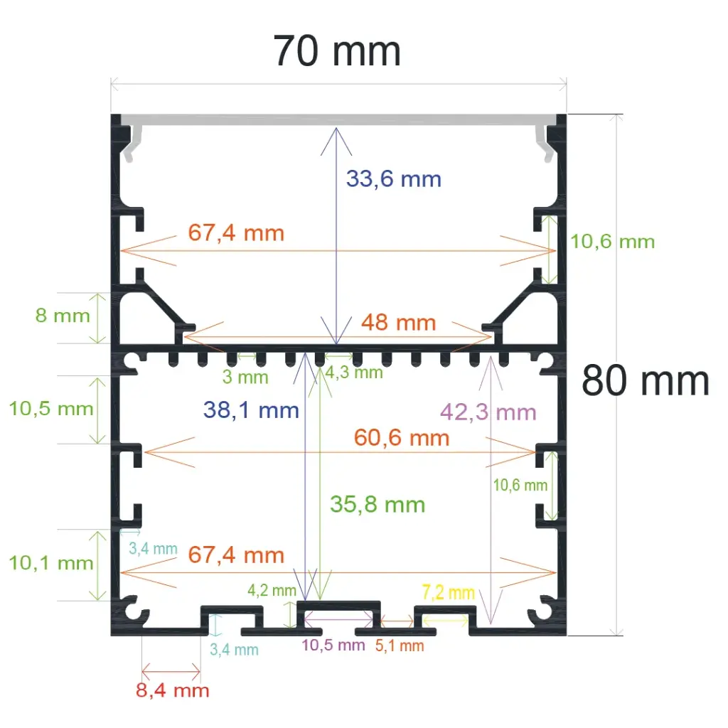 Perfil LED colgante de 70 mm x 80 mm
