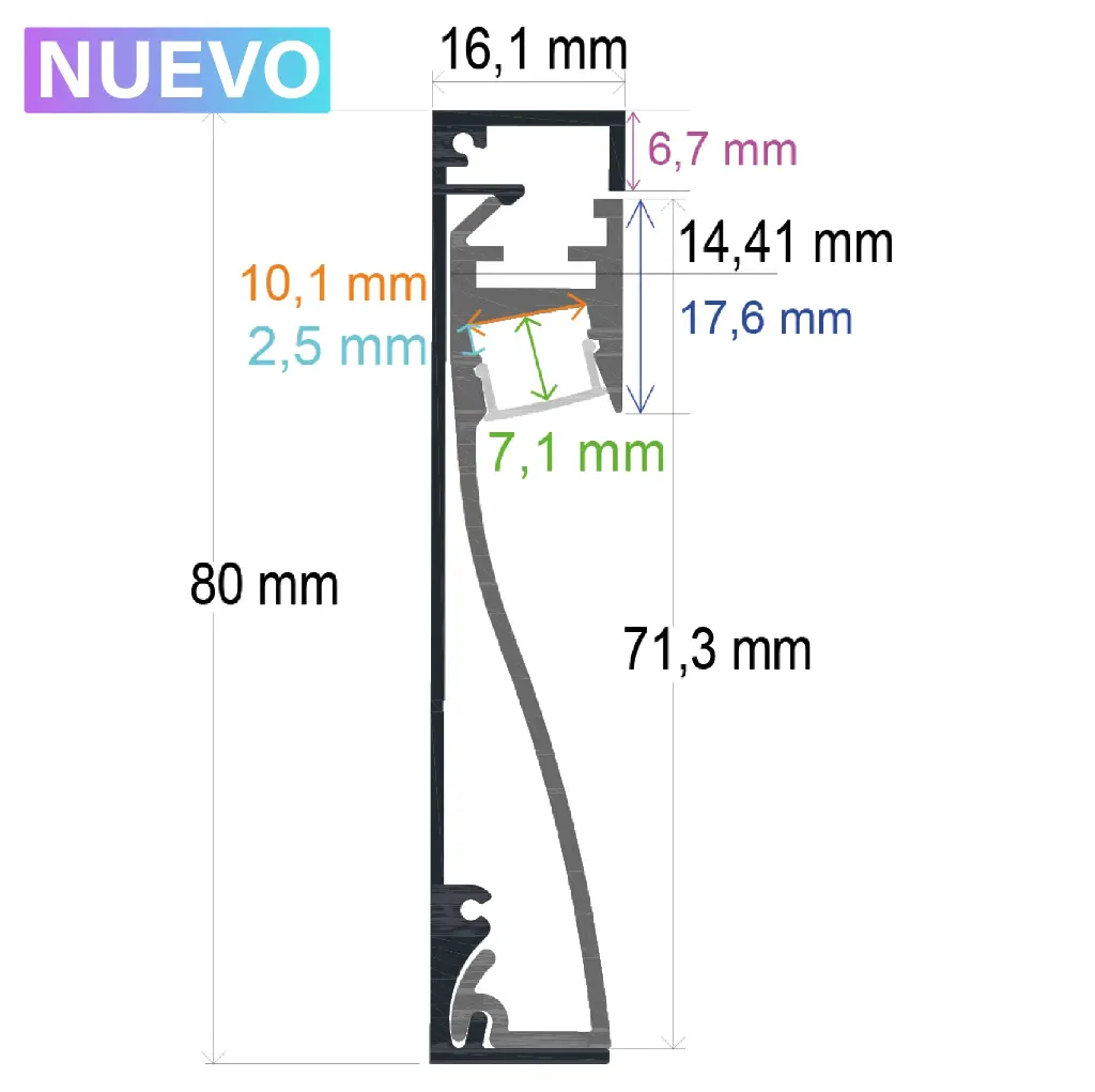 Perfil LED para rodapié o pared de 80 mm x 16,1 mm 