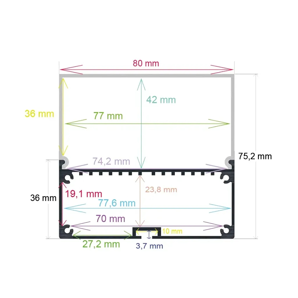 Surface LED profile with hanging option, 80 mm x 75.2 mm