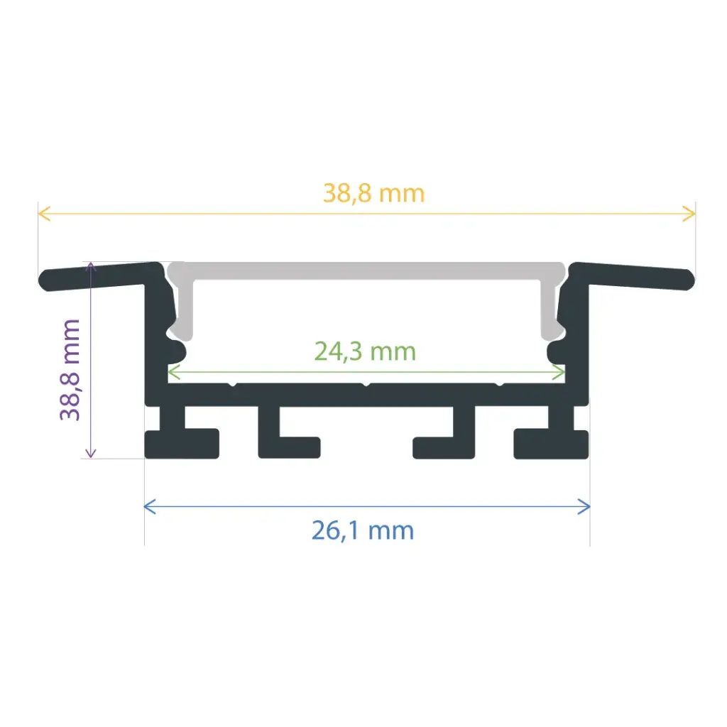 Eingebautes LED-Profil, 38 mm x 11 mm