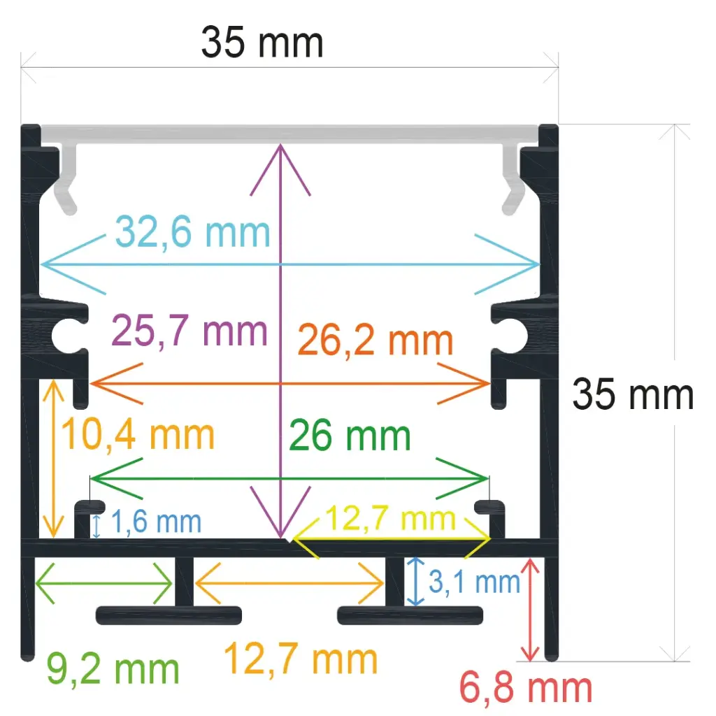 Black surface-mounted LED profile with pendant option, 35 mm x 35 mm
