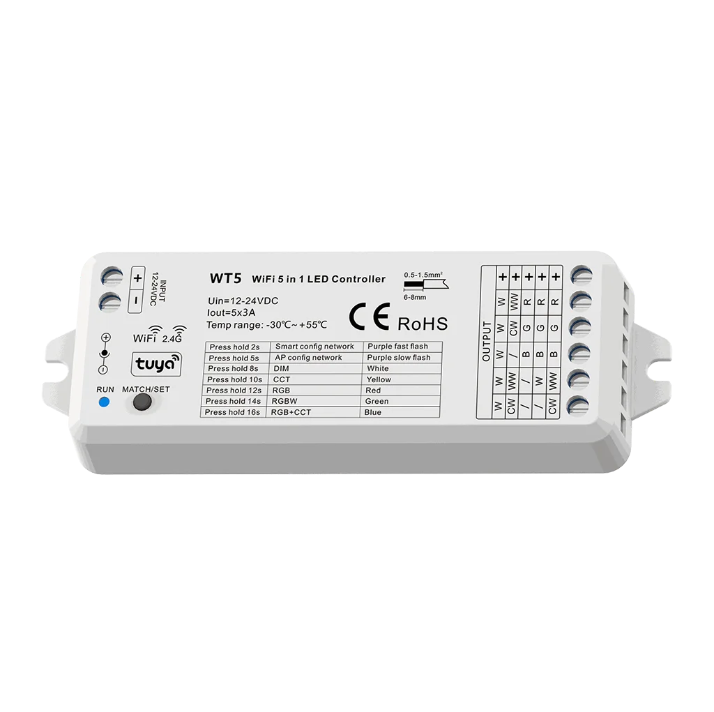 Controlador Wifi 5 en 1 para tira monocolor, bicolor, RGB, RGBW y RGB+CCT