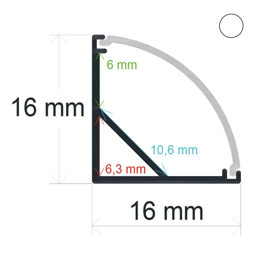 [1616151] Profilé d'angle LED avec diffuseur incurvé 16 mm x 16 mm blanc