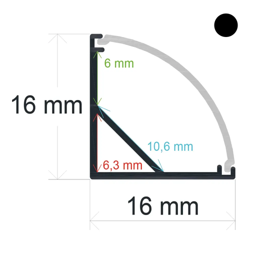 [1616152] LED corner profile with curved diffuser 16 mm x 16 mm black