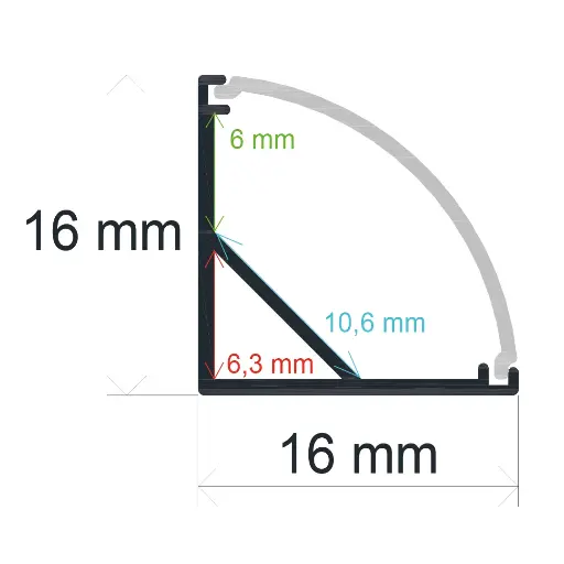 [161615] Perfil LED de esquina con el difusor curvo de 16 mm x 16 mm