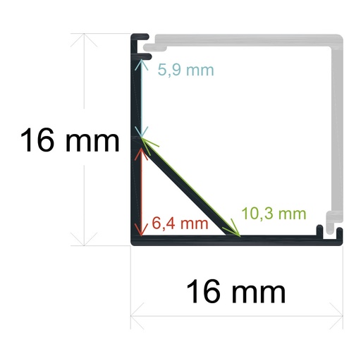 [161616] Profilo angolare a LED con diffusore ad angolo retto 16 mm x 16 mm