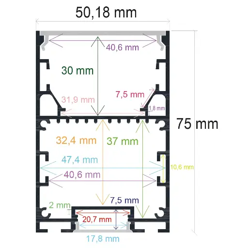 [165074] Perfil LED colgante con iluminación bidireccional de 50,18 mm x 75 mm
