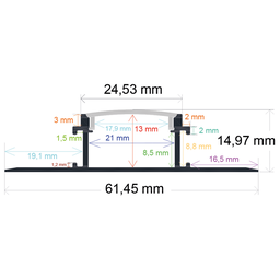 [166214] Perfil LED para empotrar en una obra de 61,45 mm x 14,97 mm