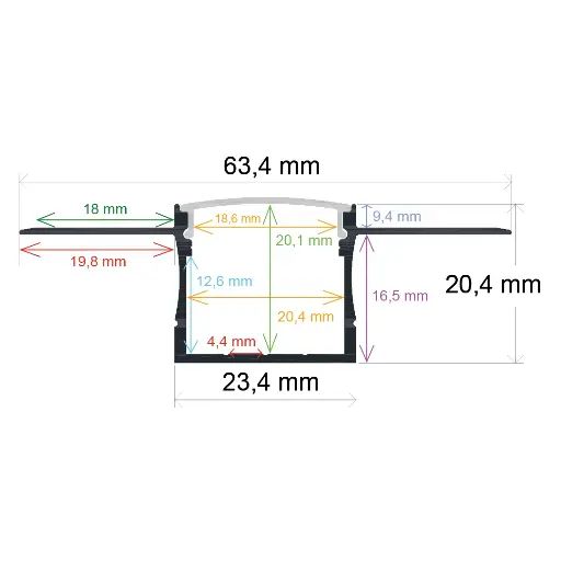 [166320] LED profile for recessed installation, 63.4 mm x 20.4 mm