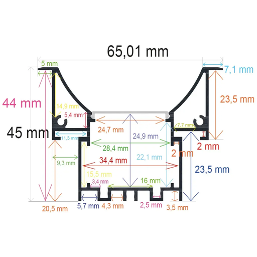 [166545] Profilé LED concave encastré pour plafonds ou murs, 65,01 mm x 45 mm