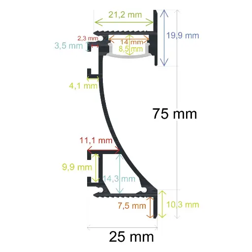[167060] Perfil LED para paredes y rodapiés de 75 mm x 25 mm