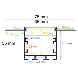 [167435] Perfil LED para empotrar en una obra con opción colgante de 75 mm x 35 mm