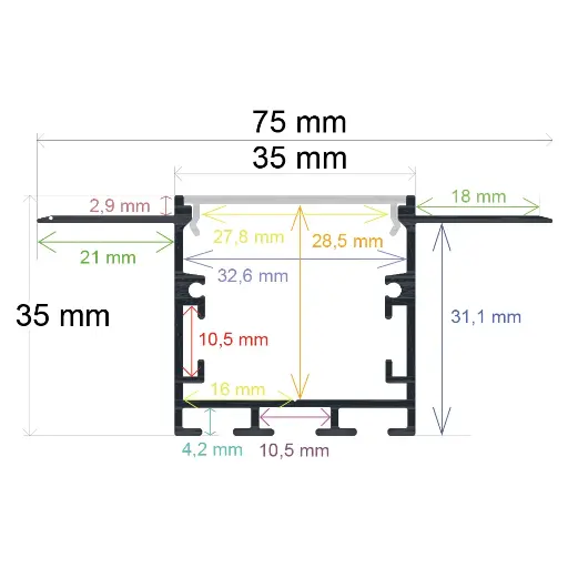 [167435] Perfil LED para empotrar en una obra con opción colgante de 75 mm x 35 mm