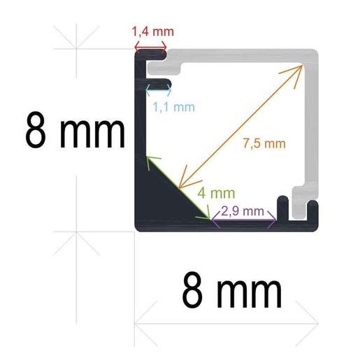 [16882] Extra dünnes LED-Eckprofil mit rechtwinkligem Diffusor, 8 mm x 8 mm