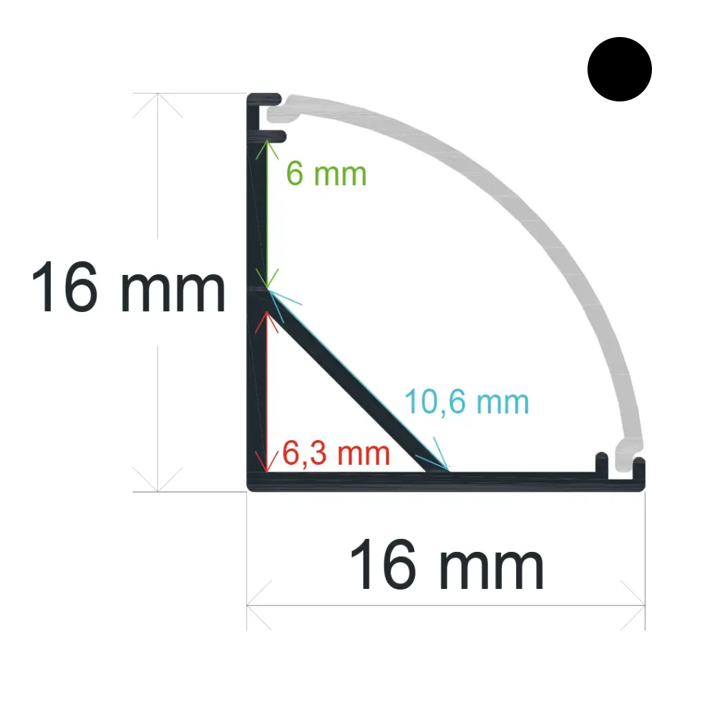 Profilo angolare a LED con diffusore curvo 16 mm x 16 mm nero