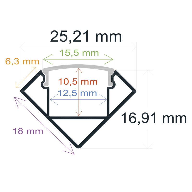 Perfil LED de esquina reforzado y con embellecedores de 25,21 mm x 16,91 mm negro