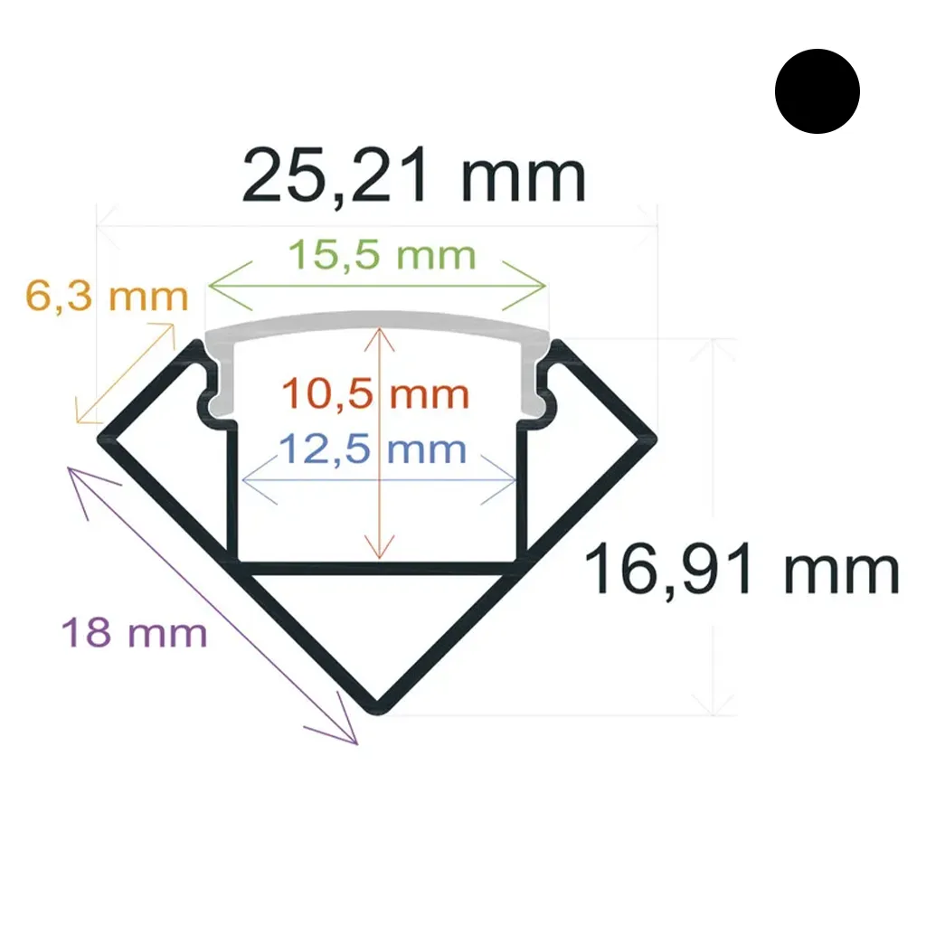 Reinforced corner LED profile with white trims, measuring 25.21 mm x 16.91 mm