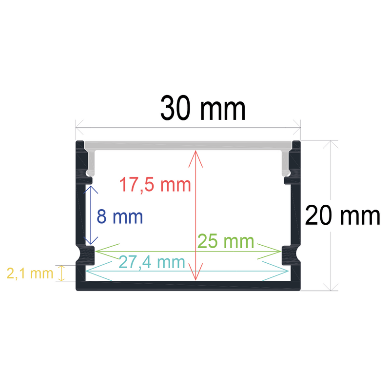 Perfil LED flexible de superficie de 30 mm x 20 mm