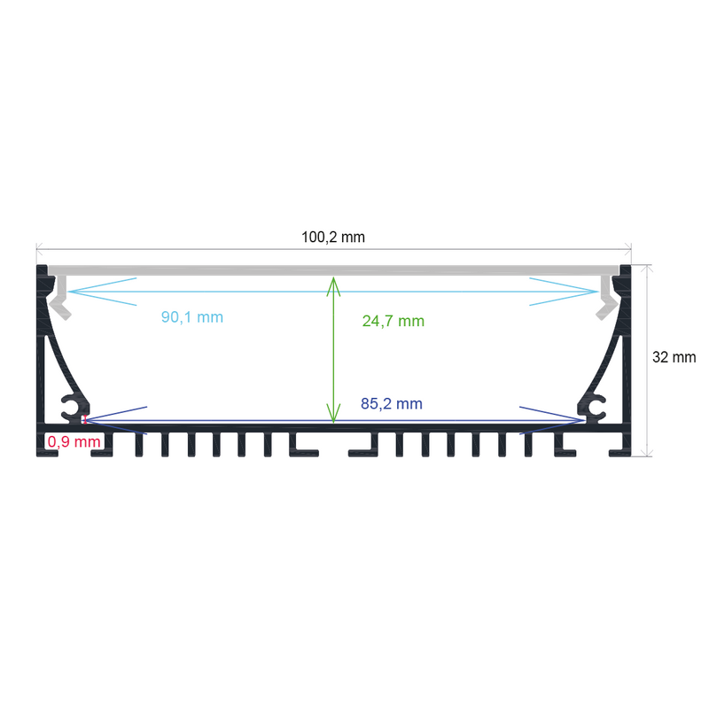 Perfil LED de superficie con opción colgante de 100,2 mm x 32 mm
